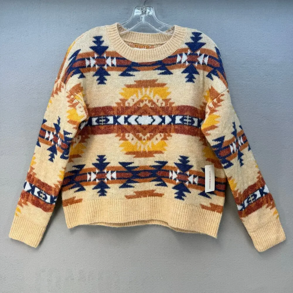 Lucky Brand Sweater Women's M Orange Blue Yellow Southwestern Design NWT - Picture 1 of 10